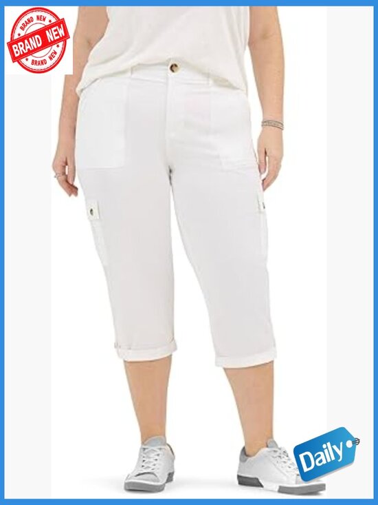 Pants - Plus Size Mid-Rise Relaxed Fit Cargo Capri Pant with Flex Waistband